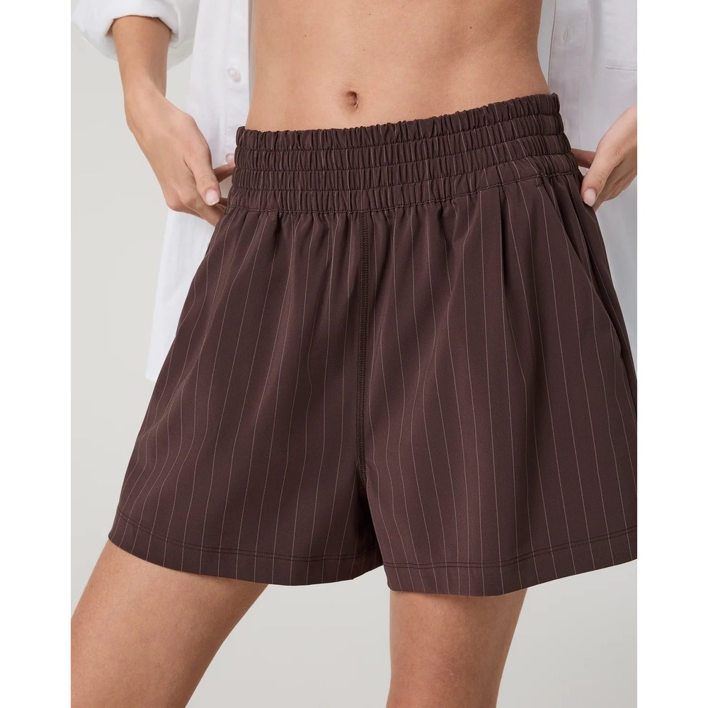 Vuori Villa Short French Roast Pinstripe Brown Smocked Waist VW3015 Women XS NWT